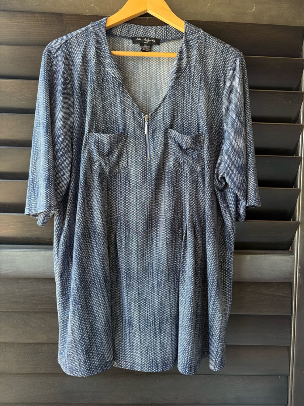 Elie McCarthy 3X Blue Slinky Tunic Top Silver Zip V Neck